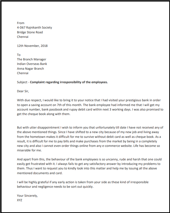 Complaint letter about irresponsible employees