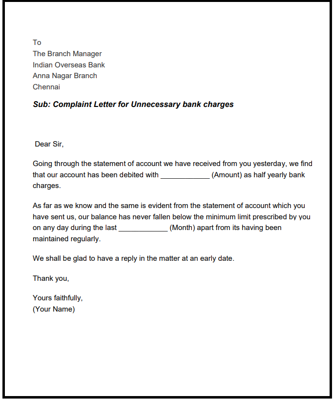 Complaint letter for bank charges