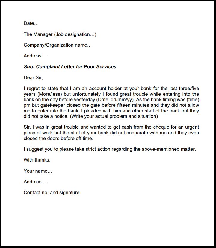 Complaint letter for poor service