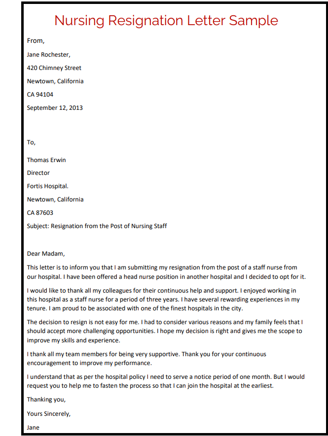 Nursing Resignation Letter Sample