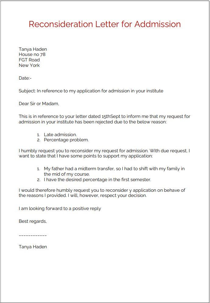Reconsideration Letter for Addmission
