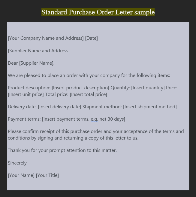 Purchase order letter sample 3