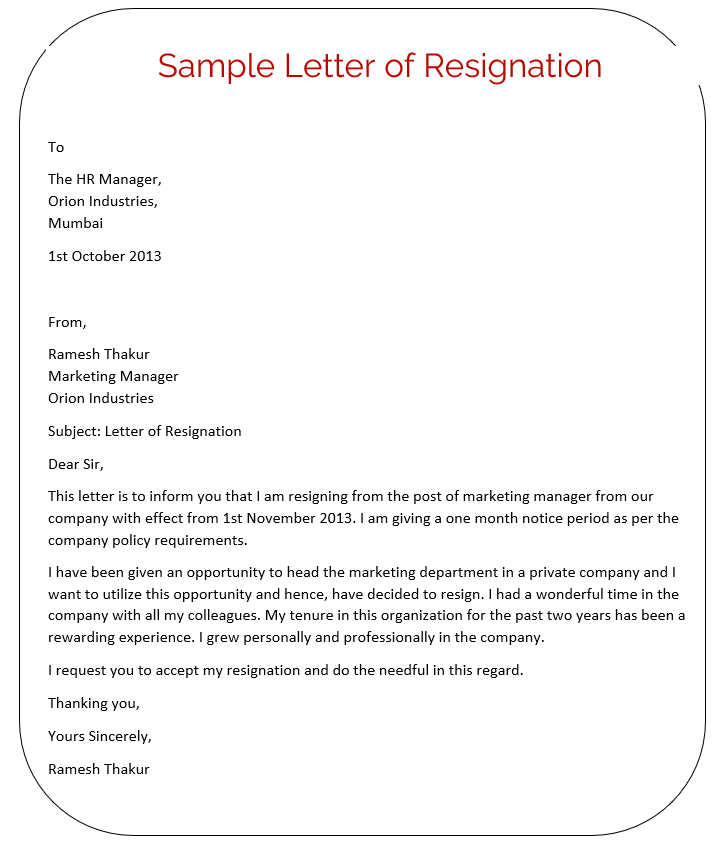 Sample Resignation Letter Template 1